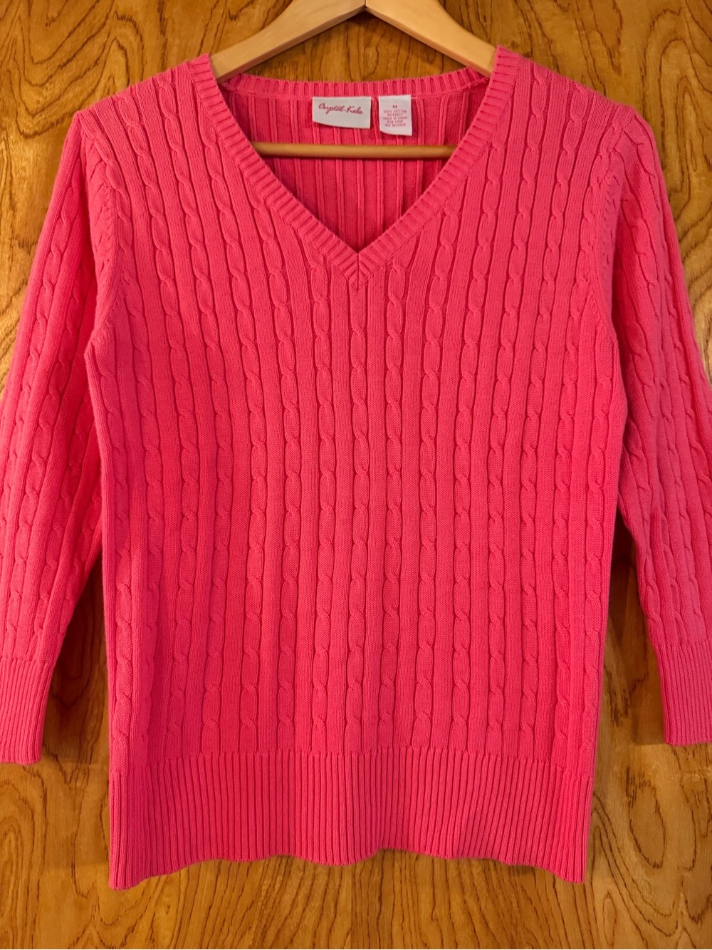 Pink Cable-Knit V-Neck Sweater